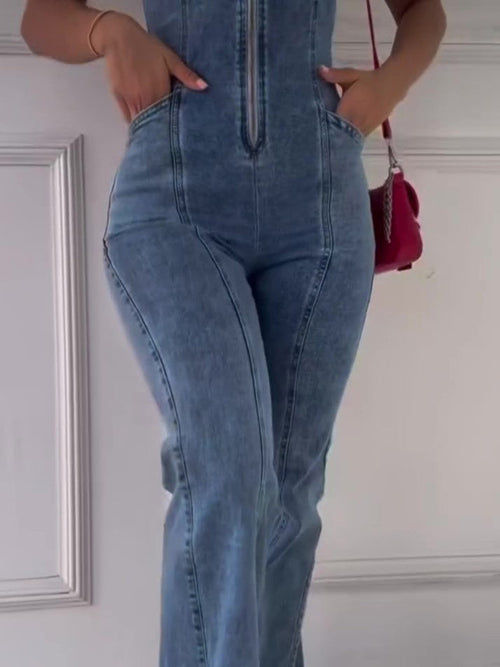 DenimDareβ’ Sleeveless Paneled Denim Jumpsuit β Edgy, Feminine,
