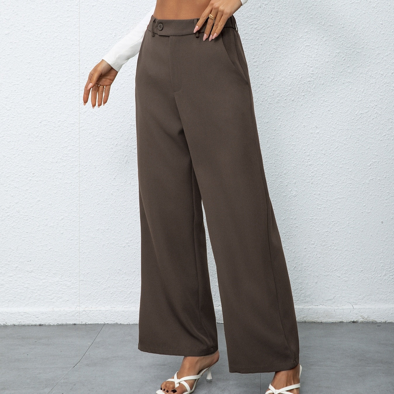 Women Solid Color Stylish Elegant Button Wide Leg Suit Pants