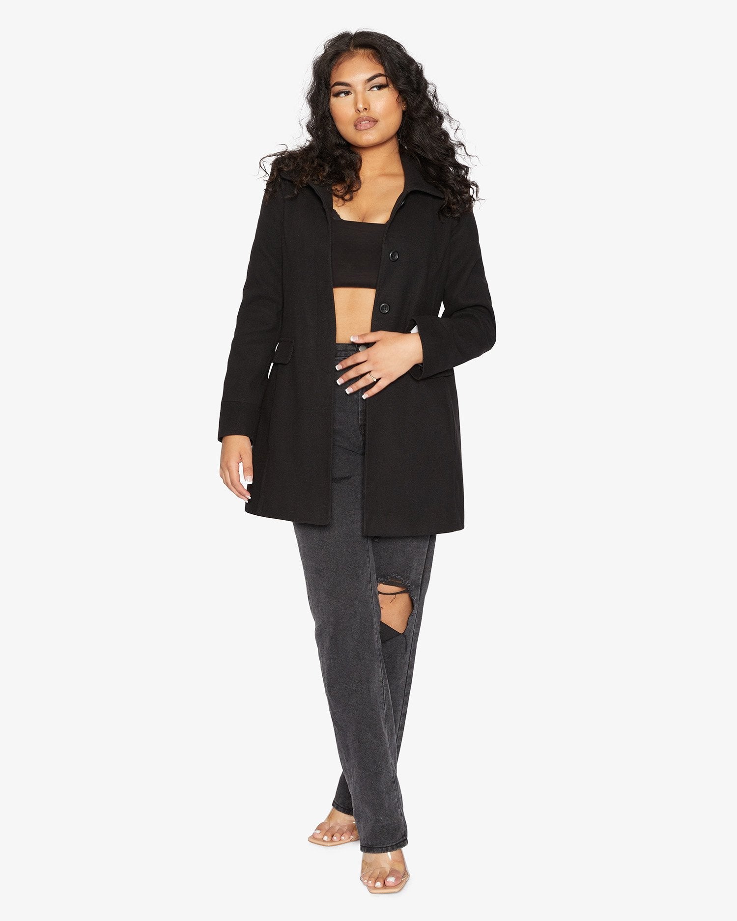 Womens Wool Blend Hip Length Covert Coat