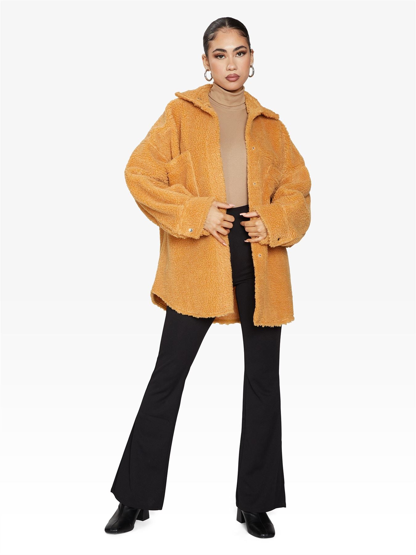 Oversized Borg Teddy Shacket with Patch Pockets