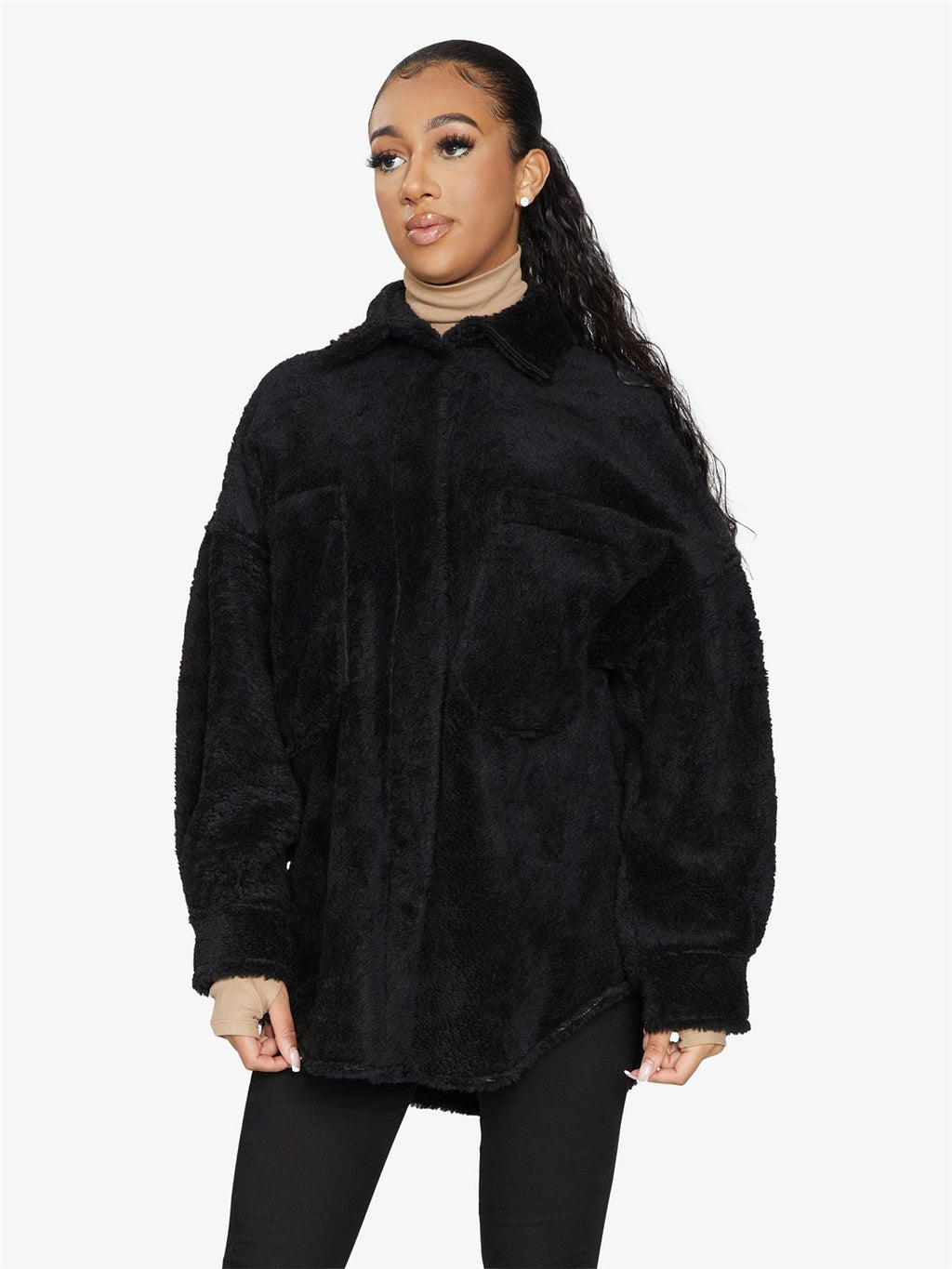 Oversized Borg Teddy Shacket with Patch Pockets