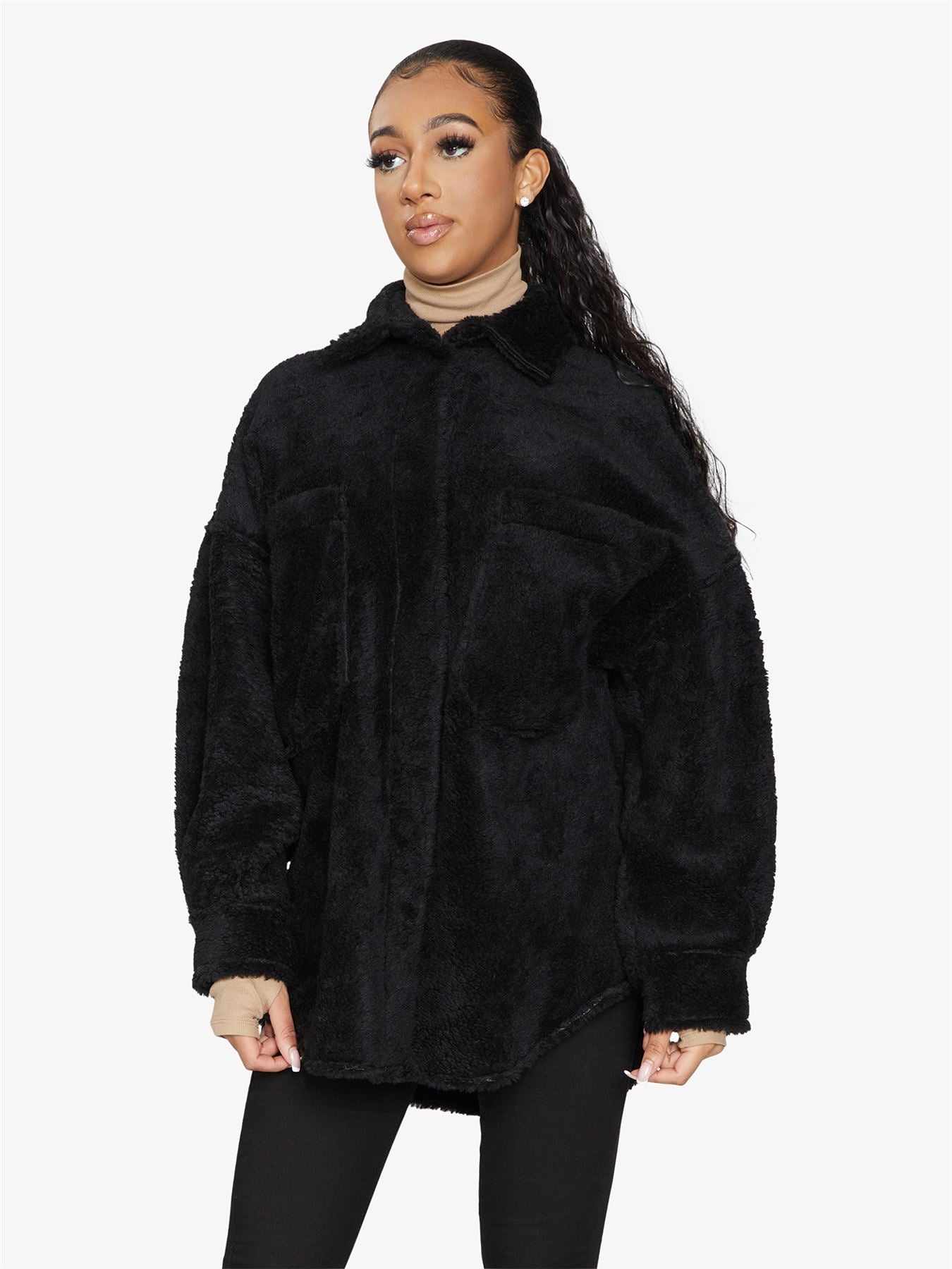 Oversized Borg Teddy Shacket with Patch Pockets