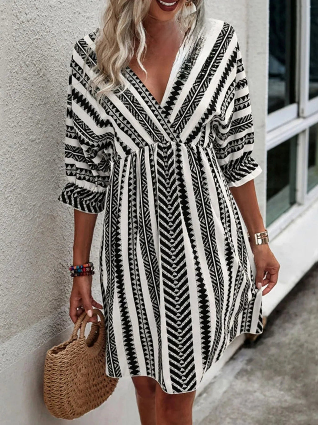 Geometric Print V-Neck Mini Dress
