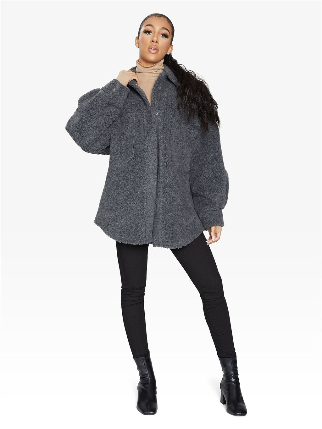 Oversized Borg Teddy Shacket with Patch Pockets