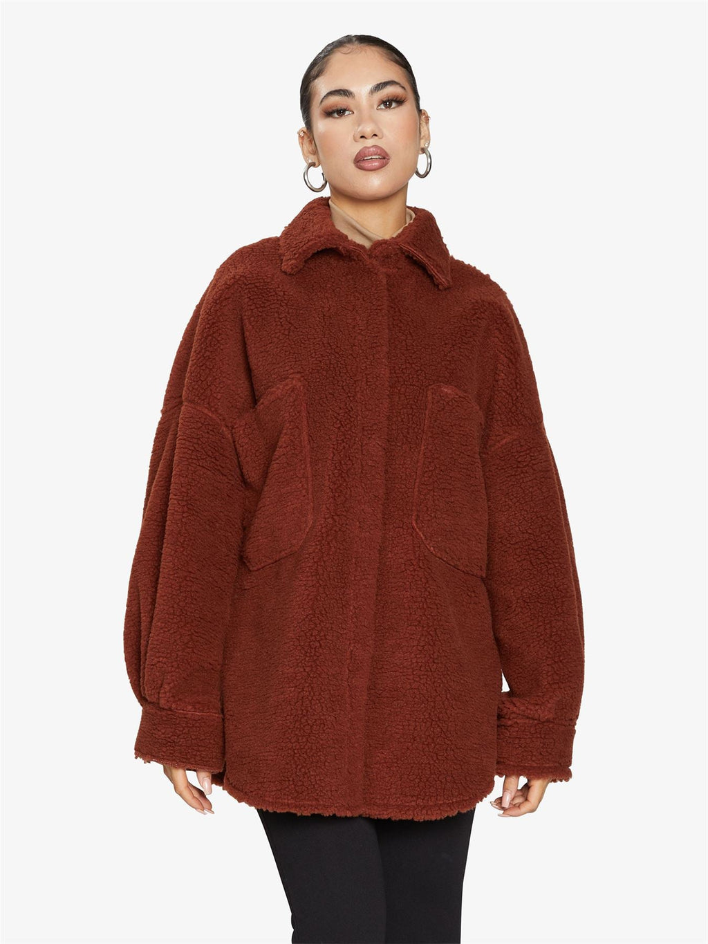 Oversized Borg Teddy Shacket with Patch Pockets
