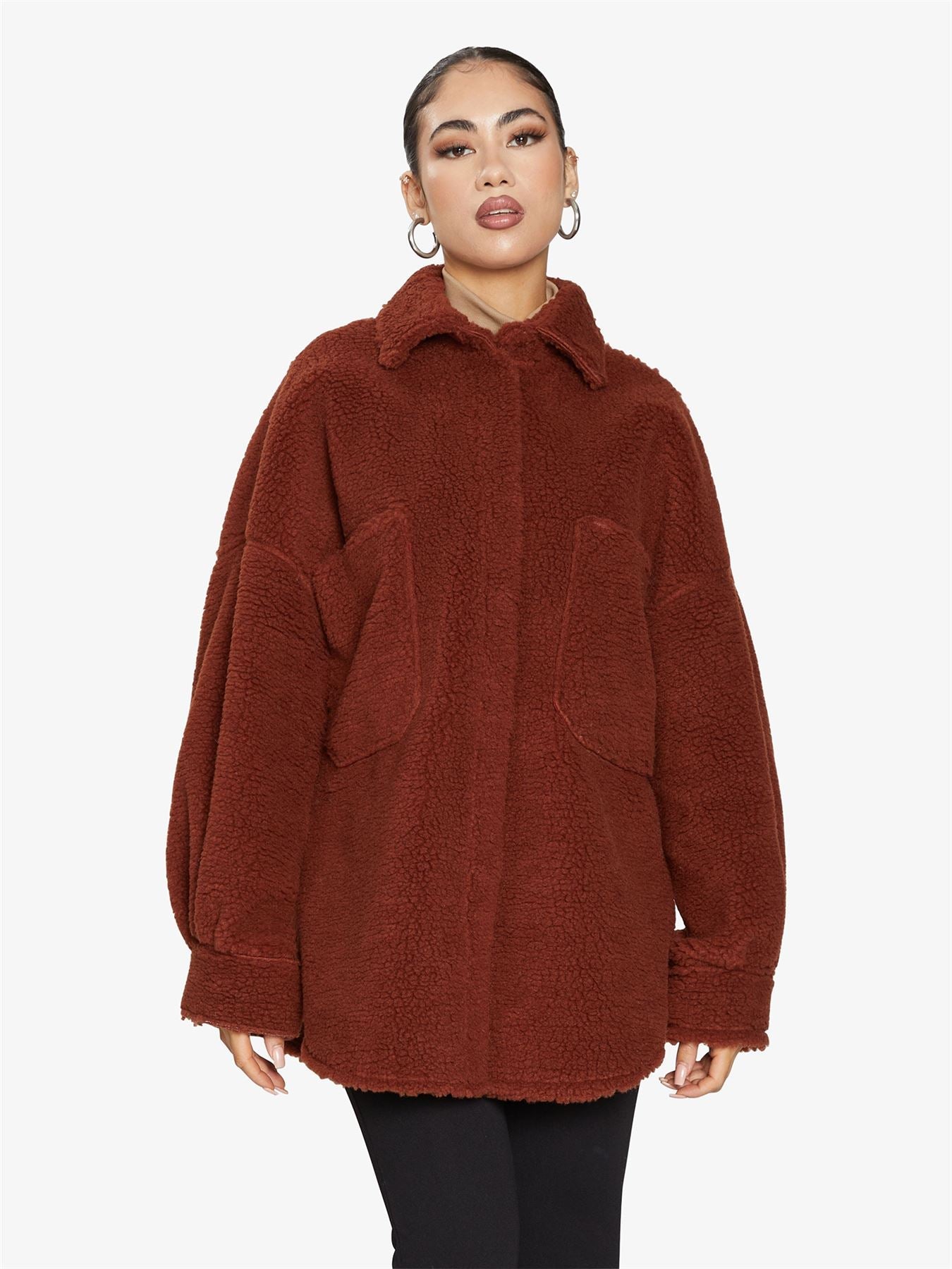 Oversized Borg Teddy Shacket with Patch Pockets