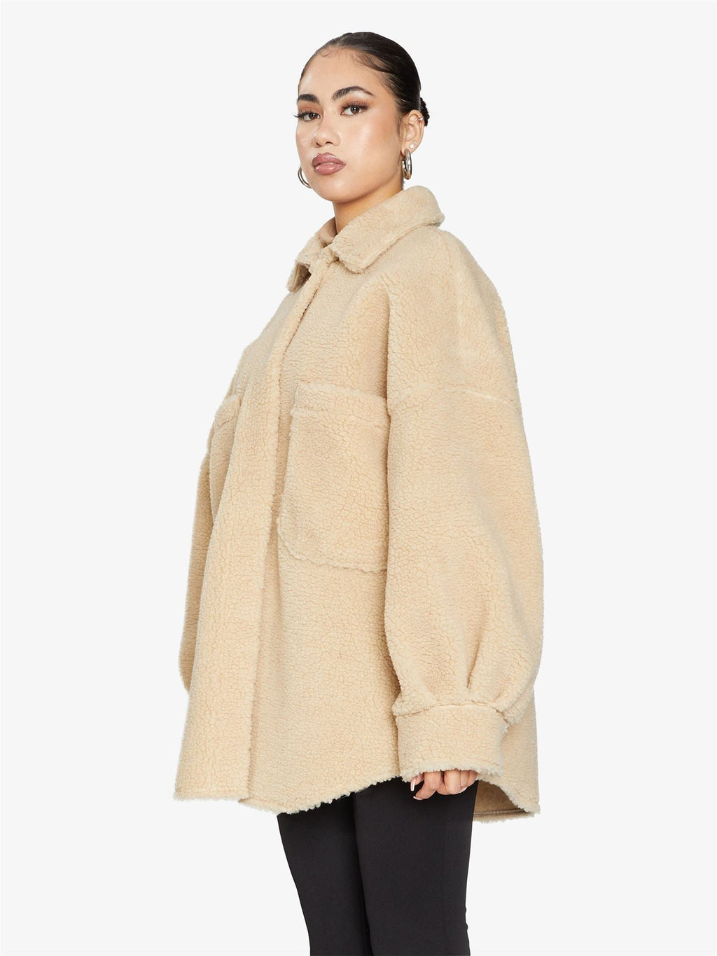 Oversized Borg Teddy Shacket with Patch Pockets