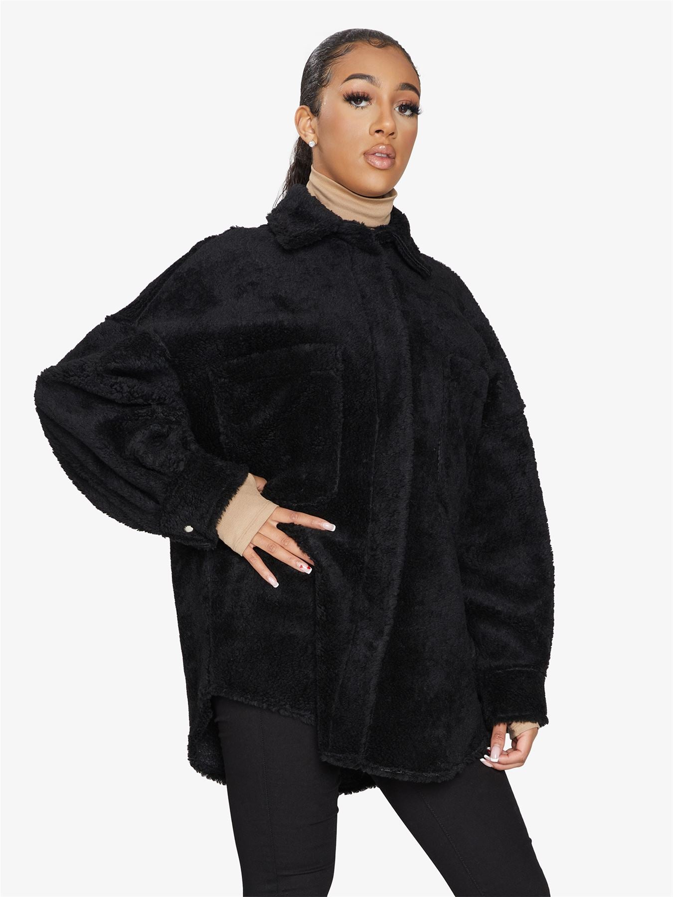 Oversized Borg Teddy Shacket with Patch Pockets