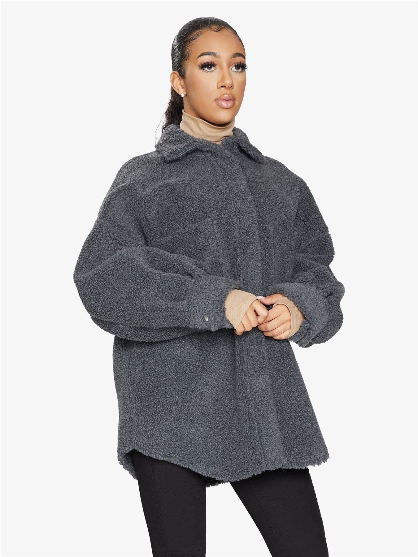 Oversized Borg Teddy Shacket with Patch Pockets
