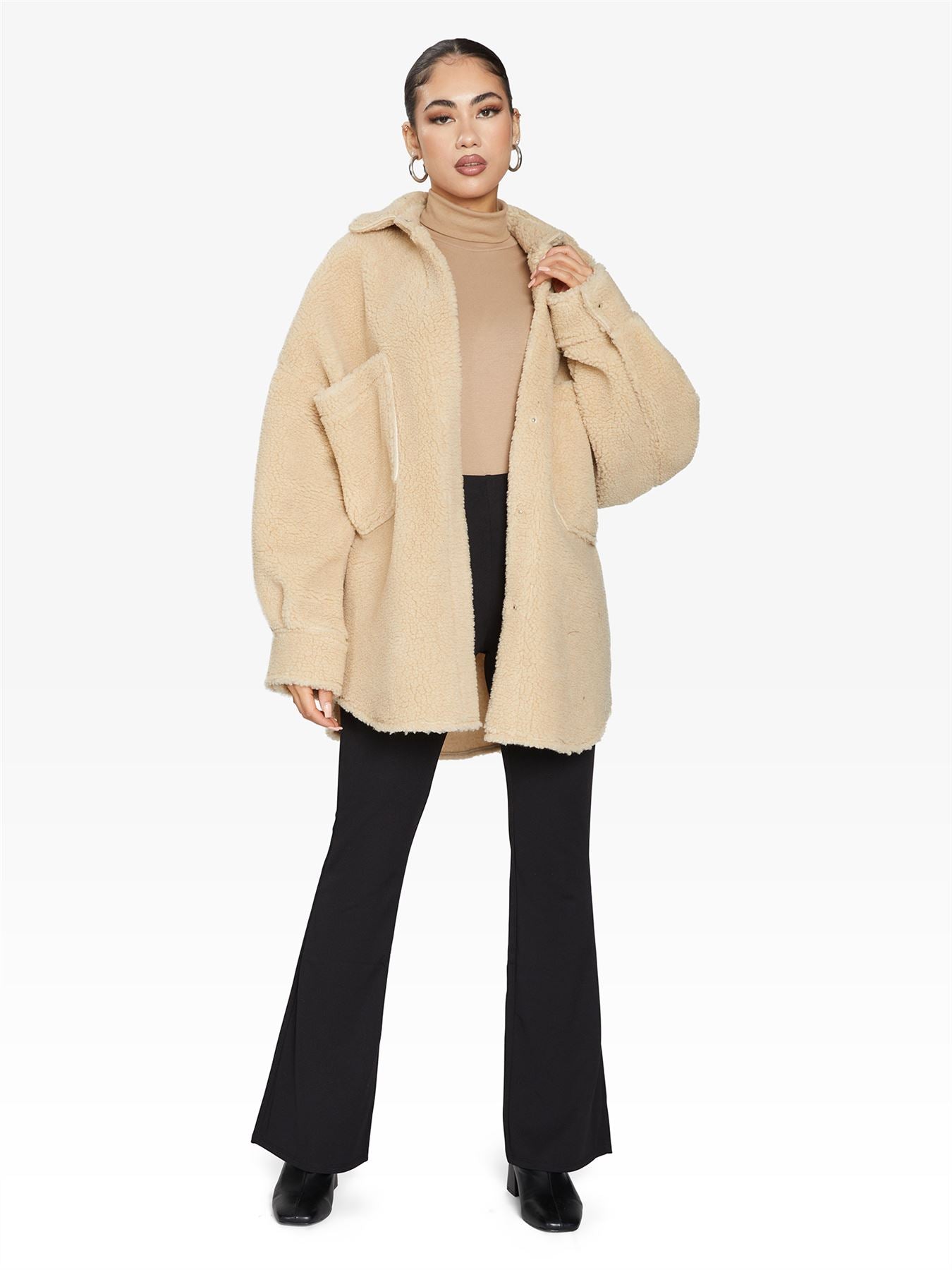 Oversized Borg Teddy Shacket with Patch Pockets
