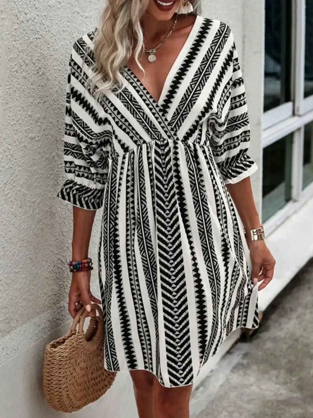 Geometric Print V-Neck Mini Dress