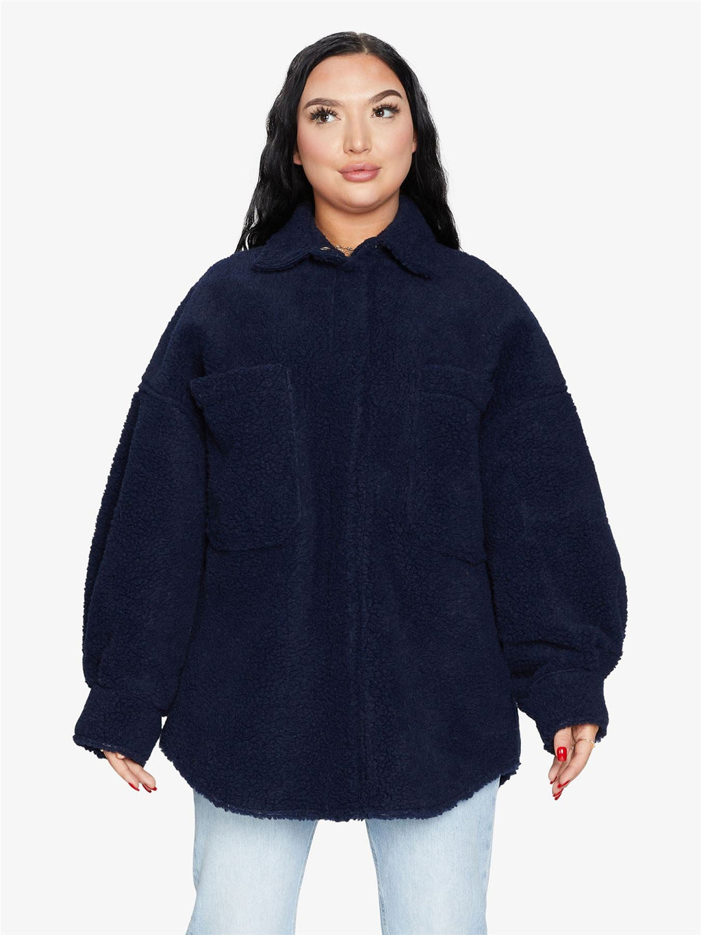 Oversized Borg Teddy Shacket with Patch Pockets