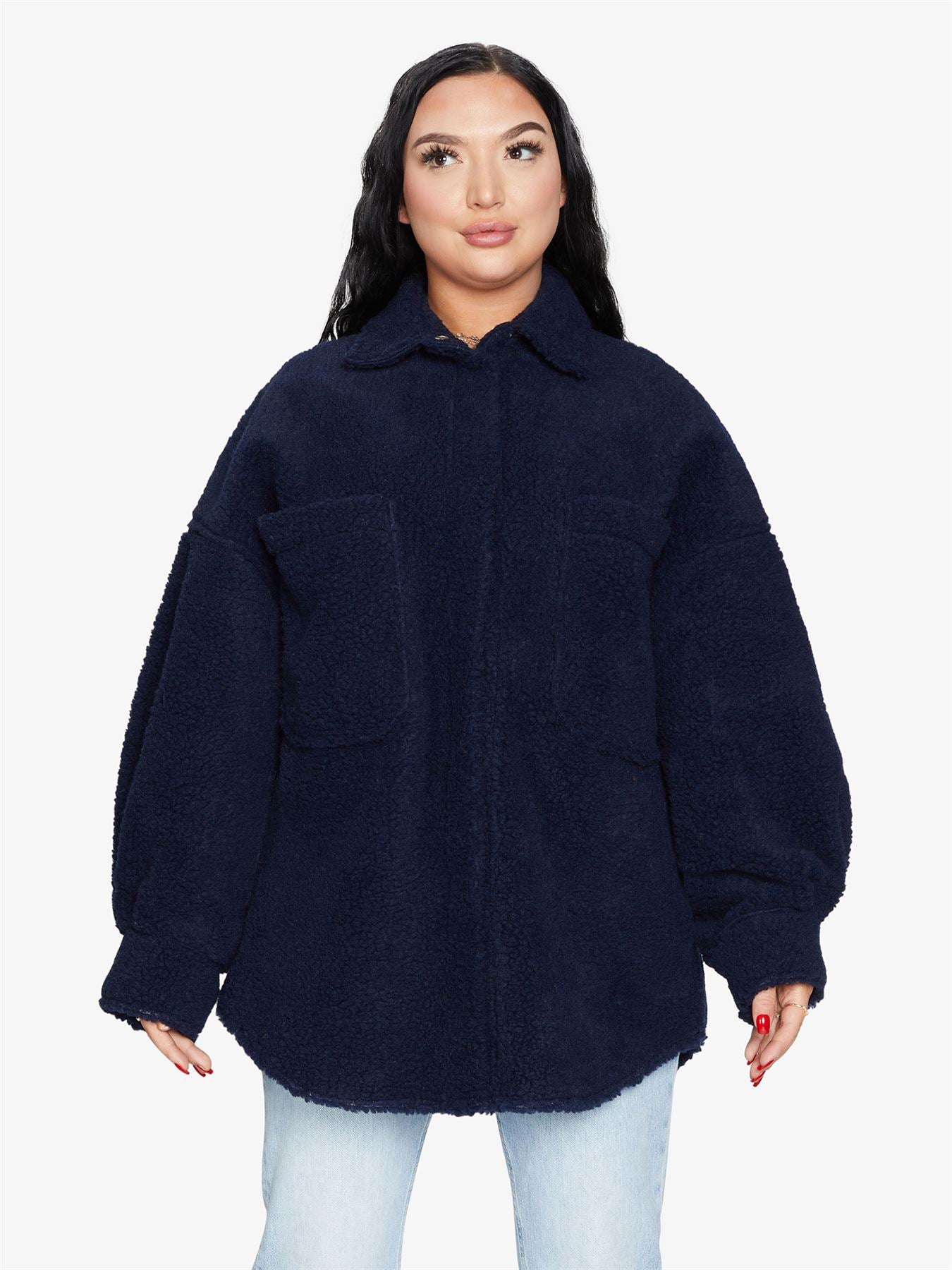 Oversized Borg Teddy Shacket with Patch Pockets
