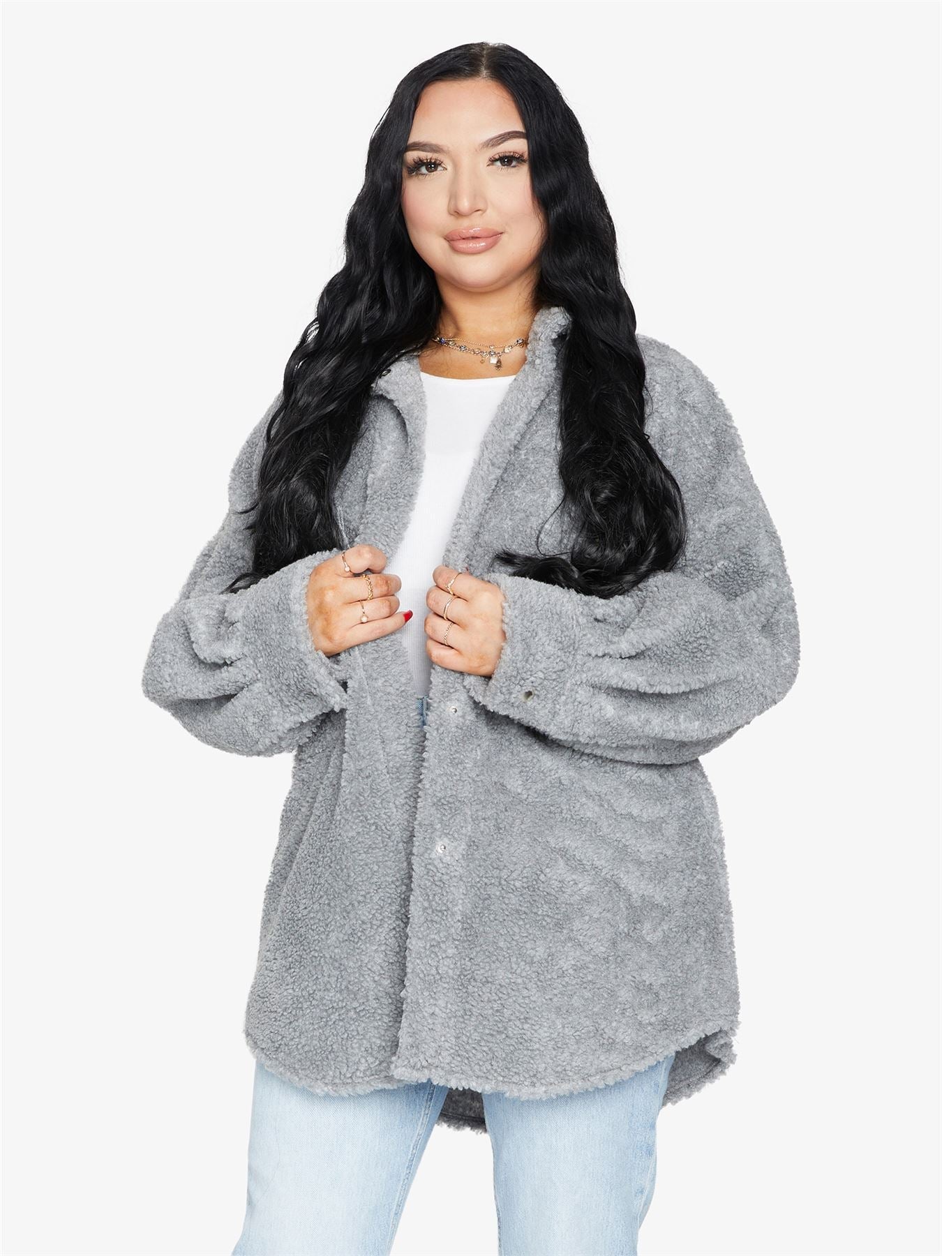 Oversized Borg Teddy Shacket with Patch Pockets