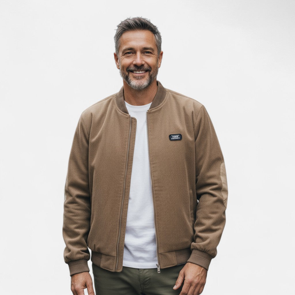 Mens Round Collar Winter Zipped Up Elbow Patch Jacket