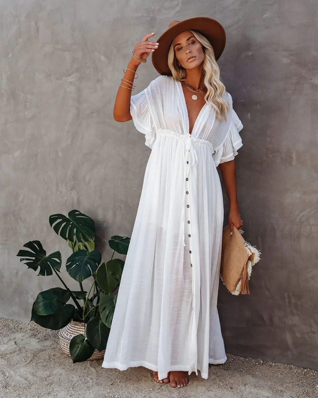 Summer Long Bikini Cover Ups for Women Solid V-Neck Kimono Beach