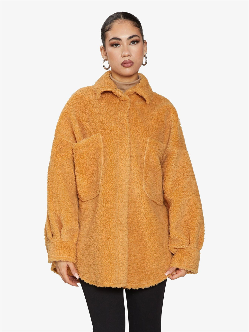 Oversized Borg Teddy Shacket with Patch Pockets