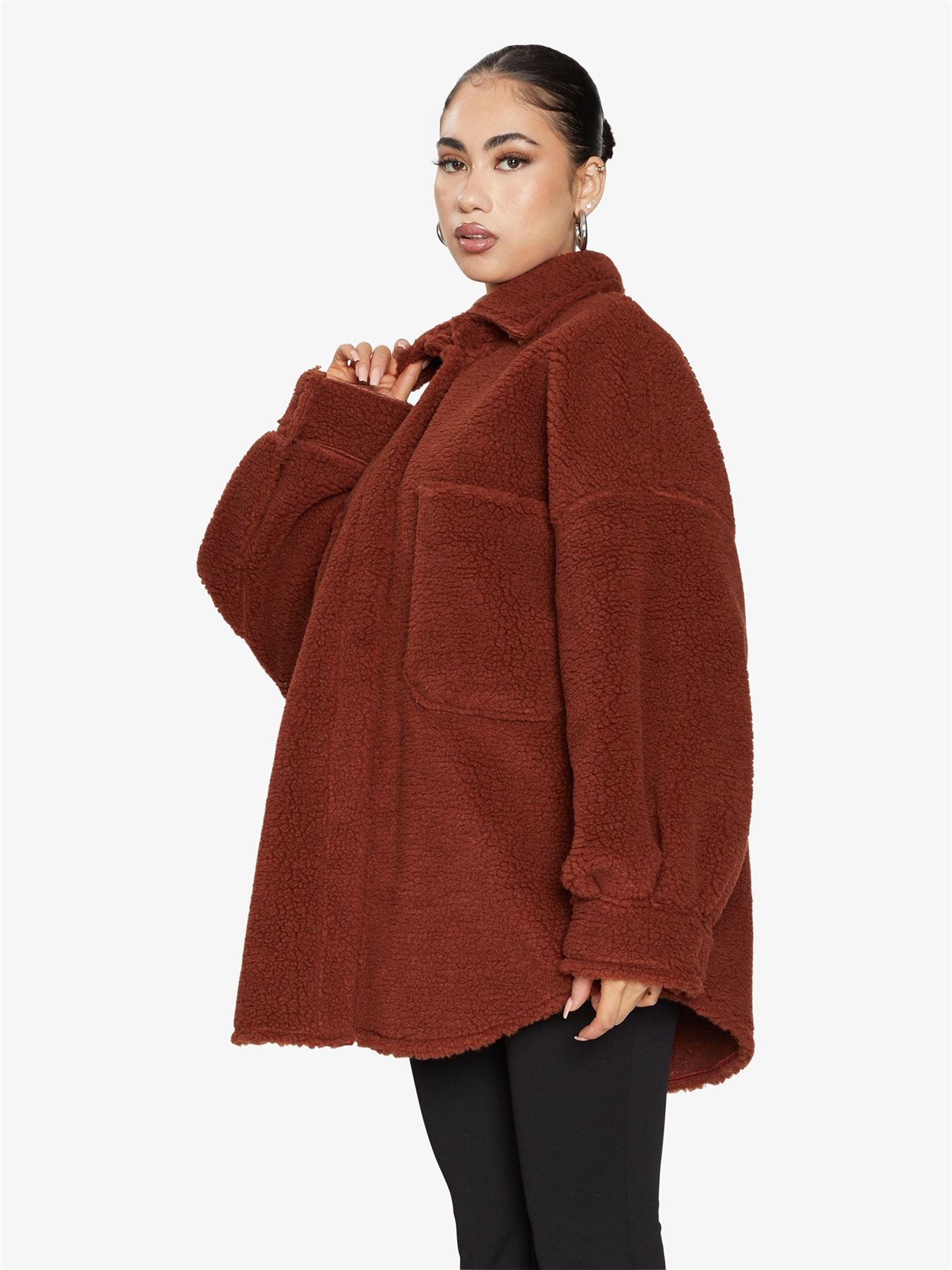 Oversized Borg Teddy Shacket with Patch Pockets