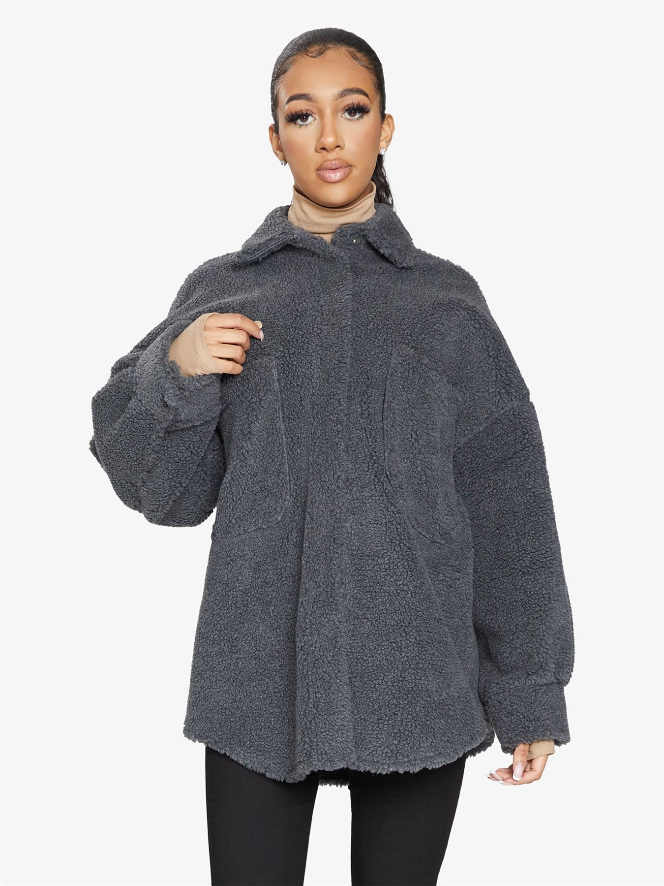 Oversized Borg Teddy Shacket with Patch Pockets