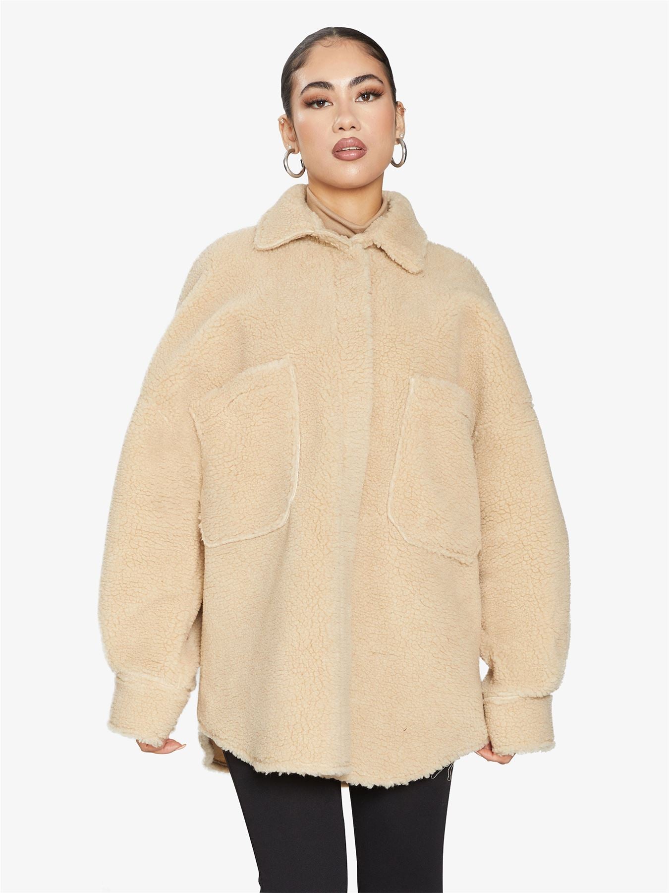 Oversized Borg Teddy Shacket with Patch Pockets