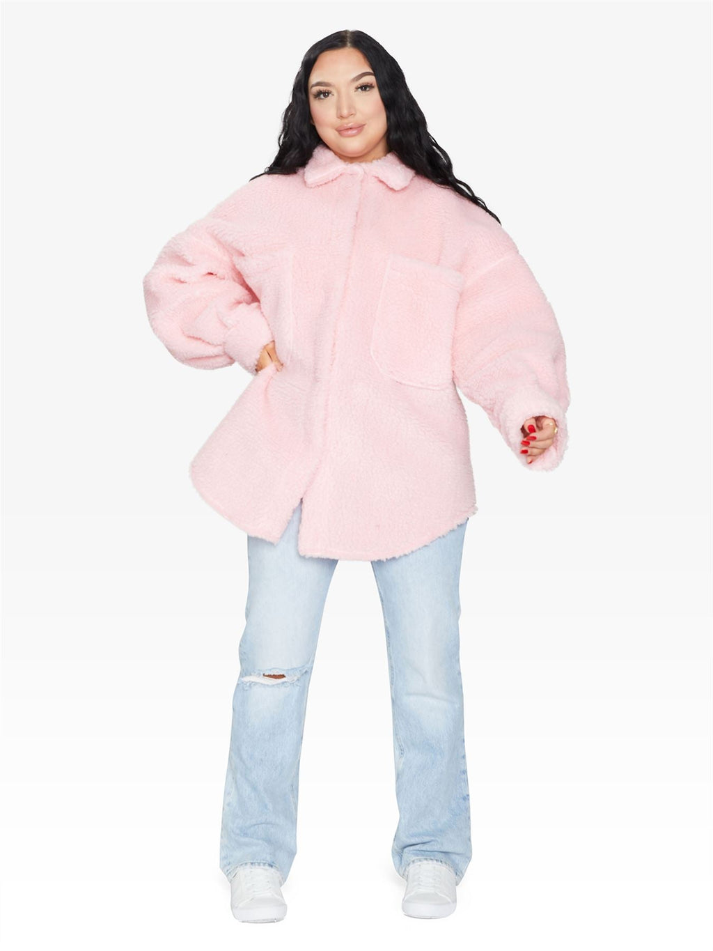 Oversized Borg Teddy Shacket with Patch Pockets