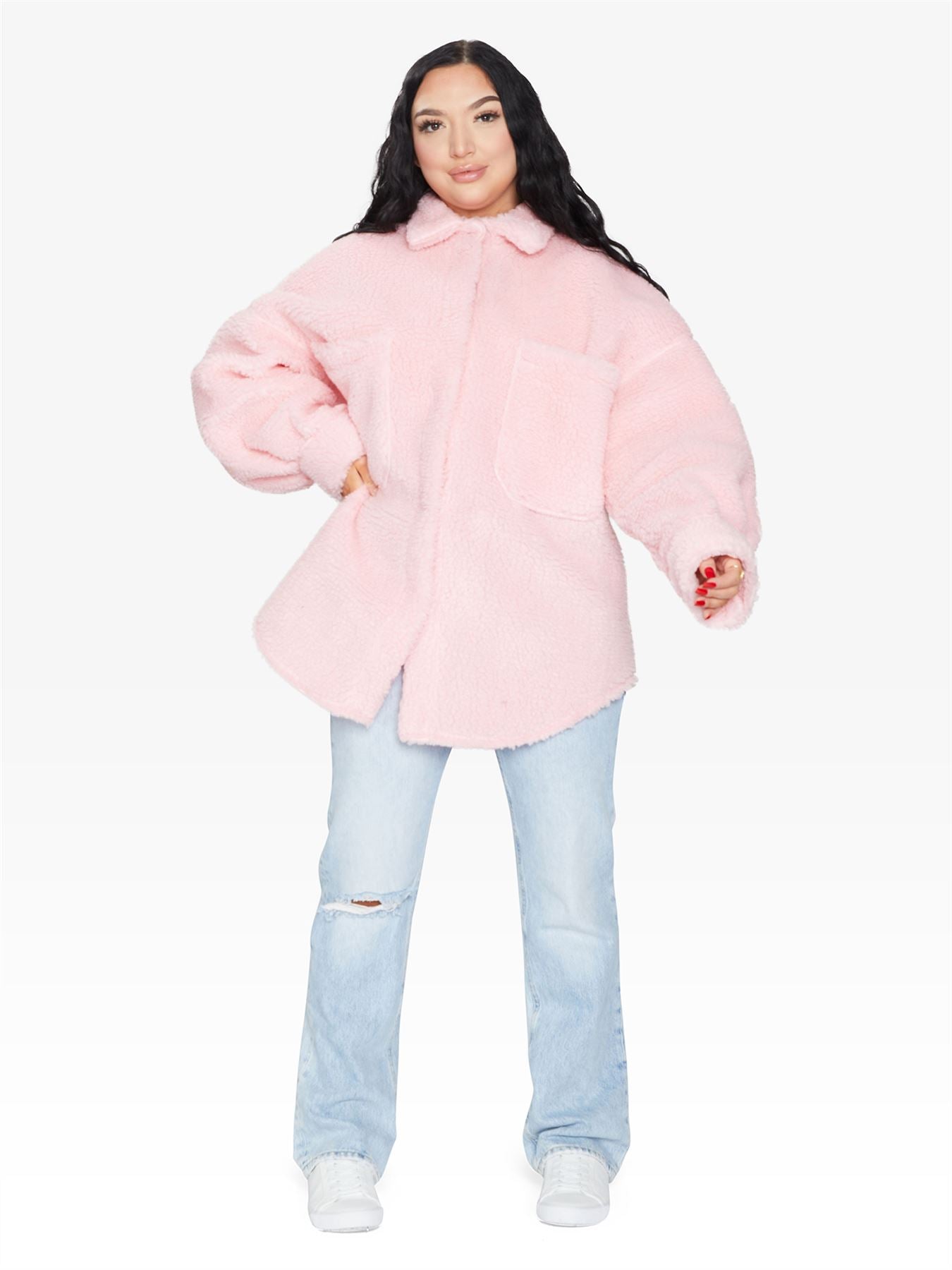 Oversized Borg Teddy Shacket with Patch Pockets