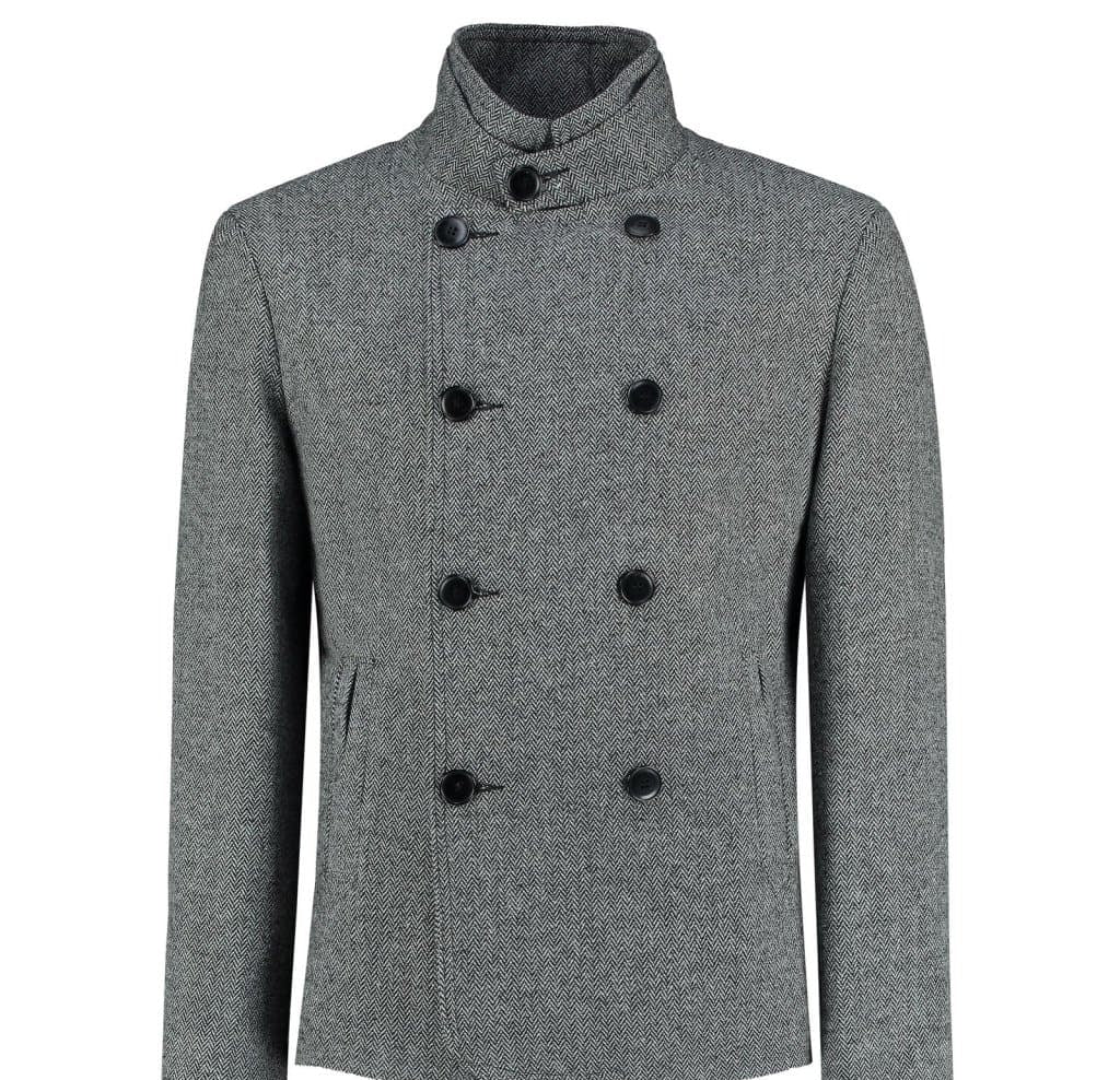 De La Creme MAN - Herringbone Tweed Blend Short Reefer Coat