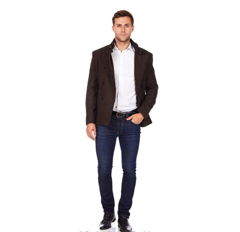 De La Creme MAN - Herringbone Tweed Blend Short Reefer Coat