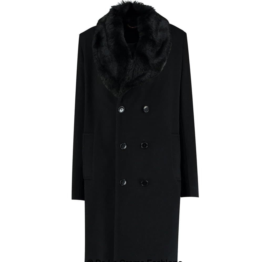 Mens Wool Mix Overcoat With Faux Fur Collar