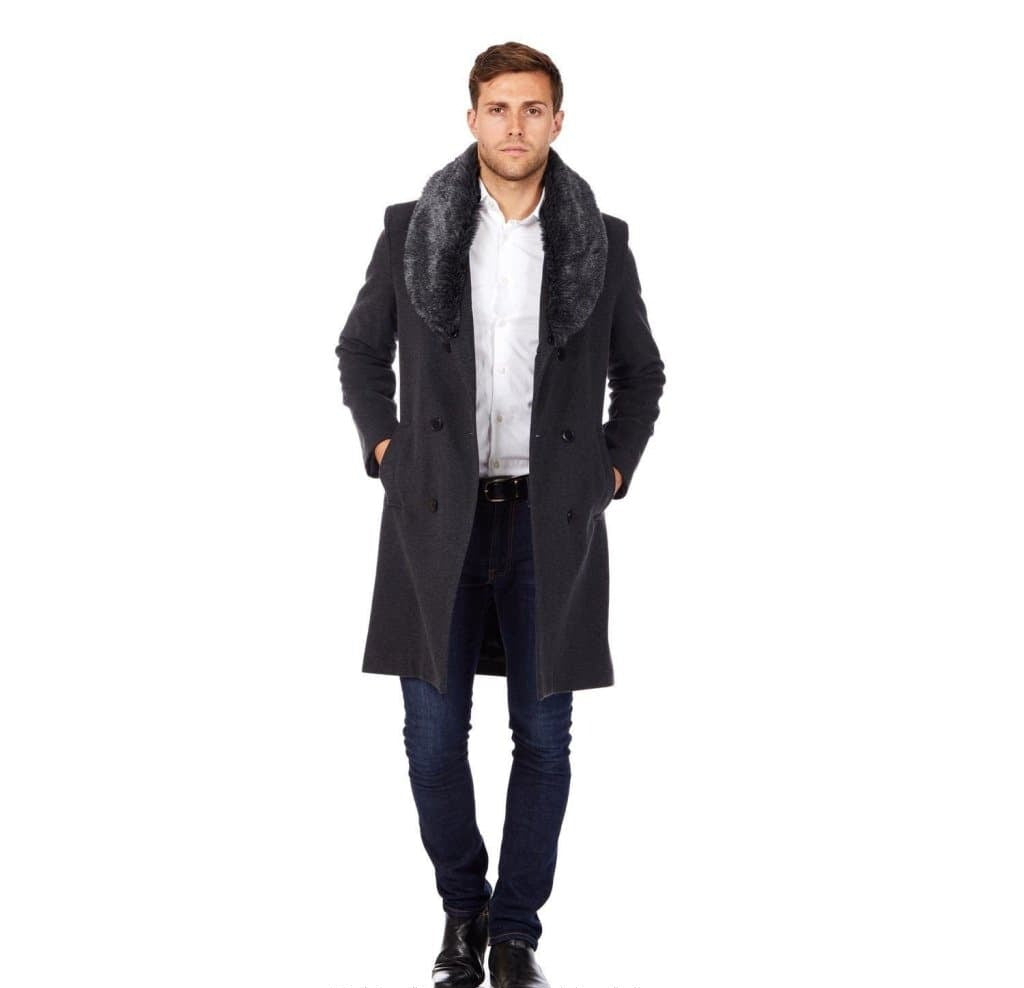 Mens Wool Mix Overcoat With Faux Fur Collar