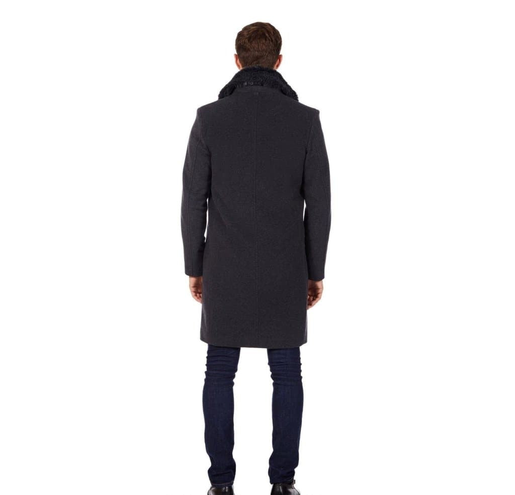 Mens Wool Mix Overcoat With Faux Fur Collar