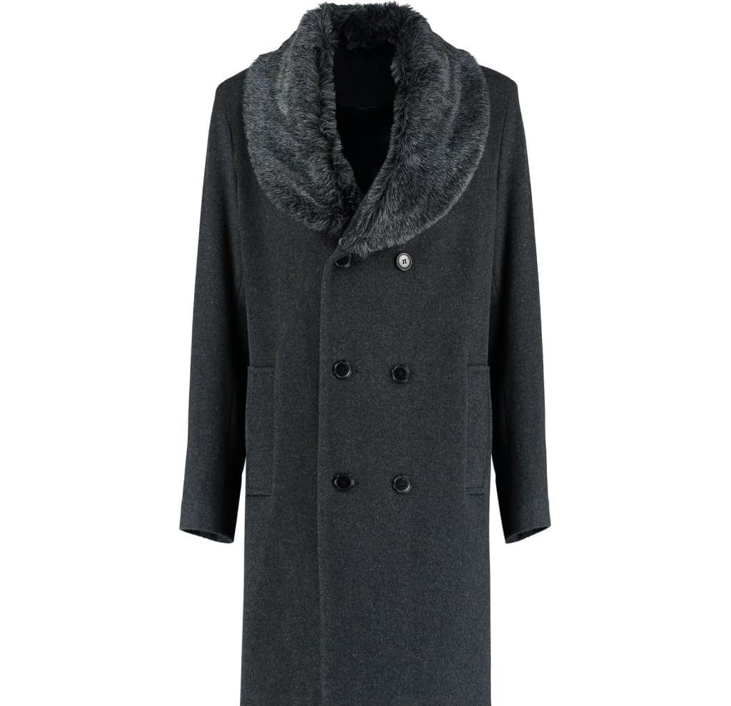 Mens Wool Mix Overcoat With Faux Fur Collar