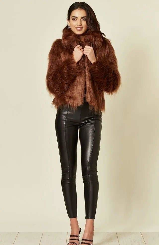 Womens Faux Fur Cropped Aviator Bomber