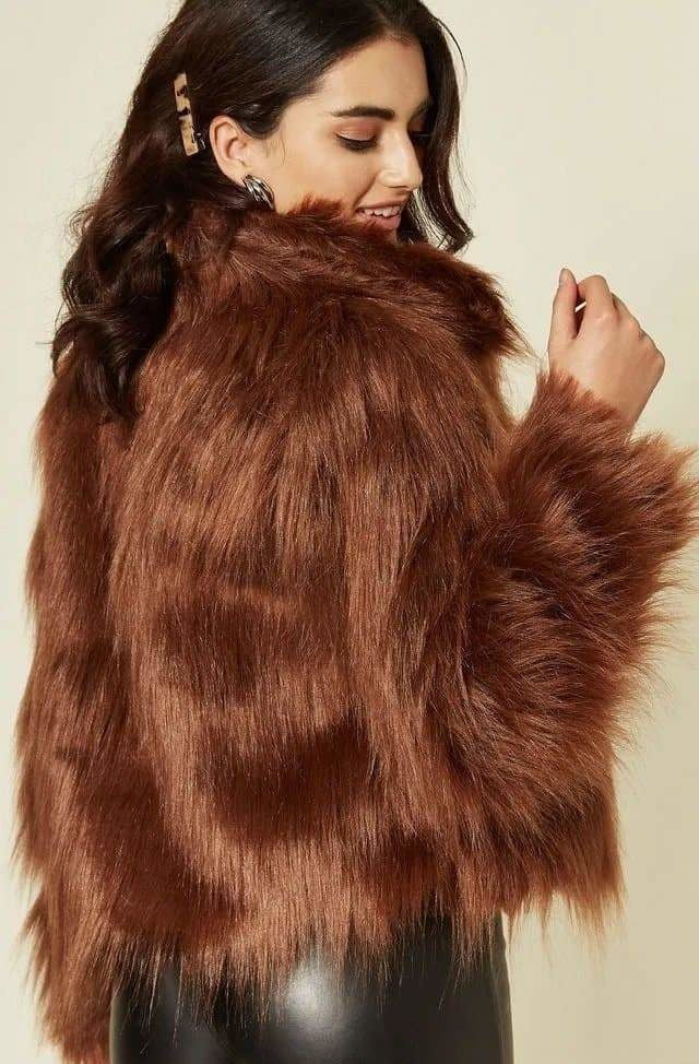 Womens Faux Fur Cropped Aviator Bomber