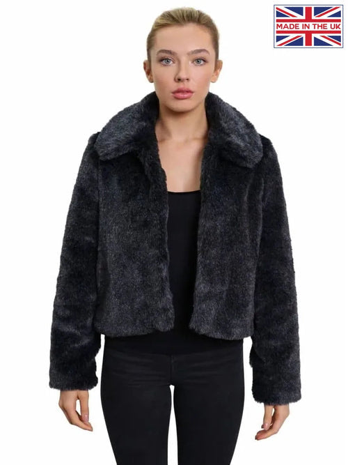 Womens Faux Fur Cropped Aviator Bomber