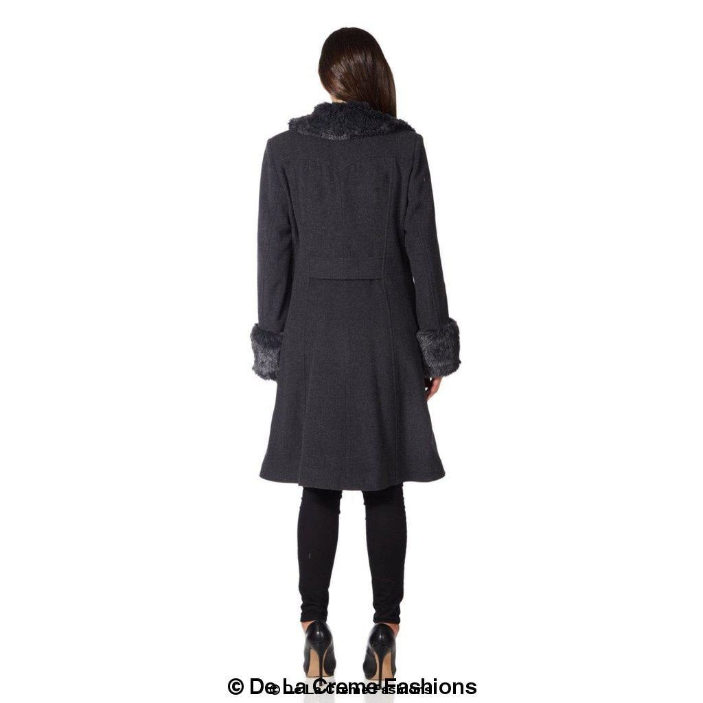 Womens Wool Blend Faux Fur Trim Midi Coat