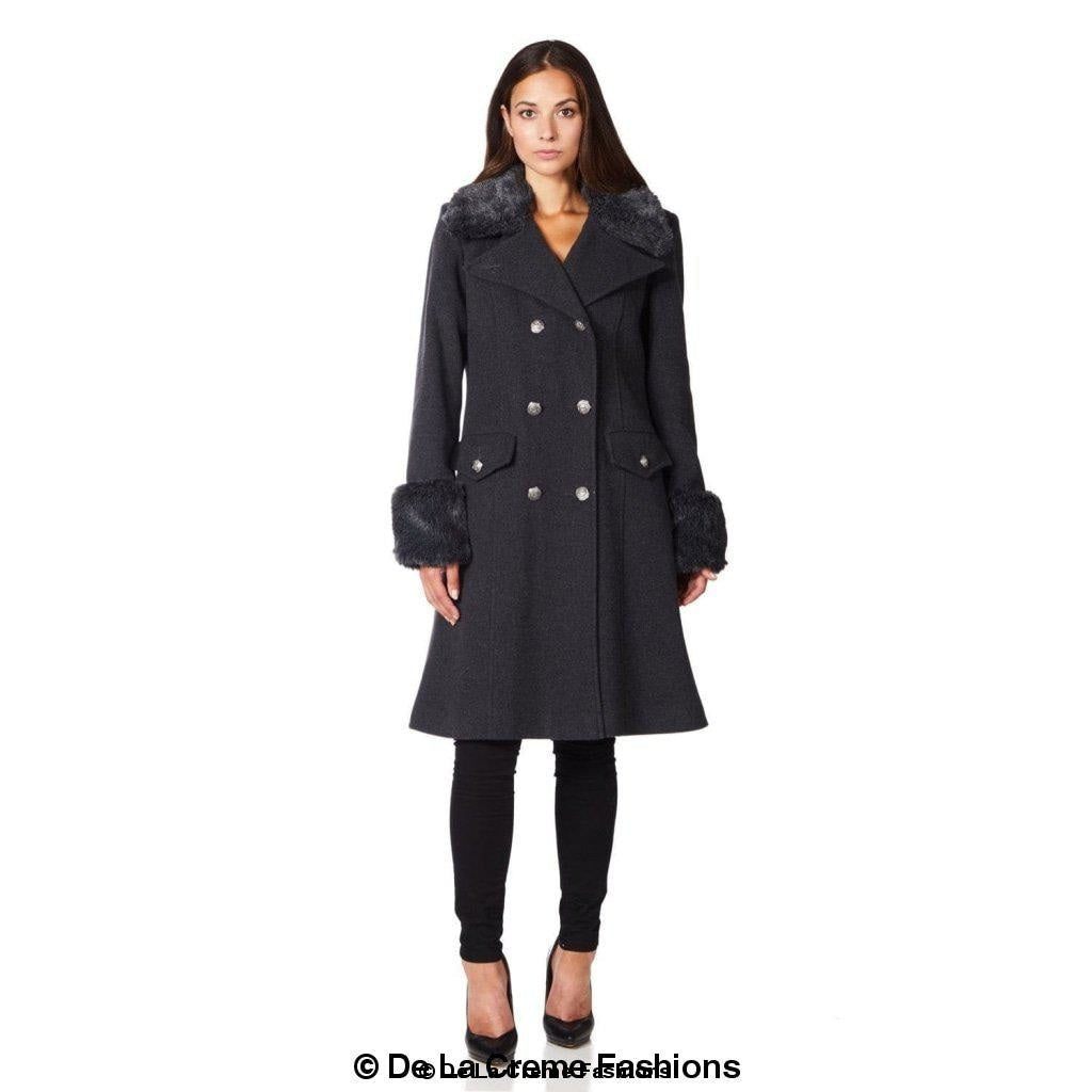 Womens Wool Blend Faux Fur Trim Midi Coat