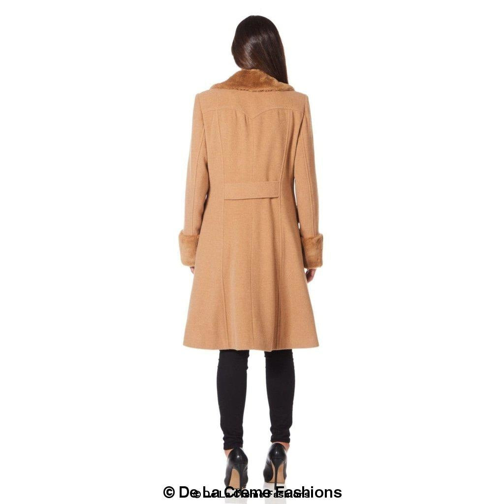 Womens Wool Blend Faux Fur Trim Midi Coat