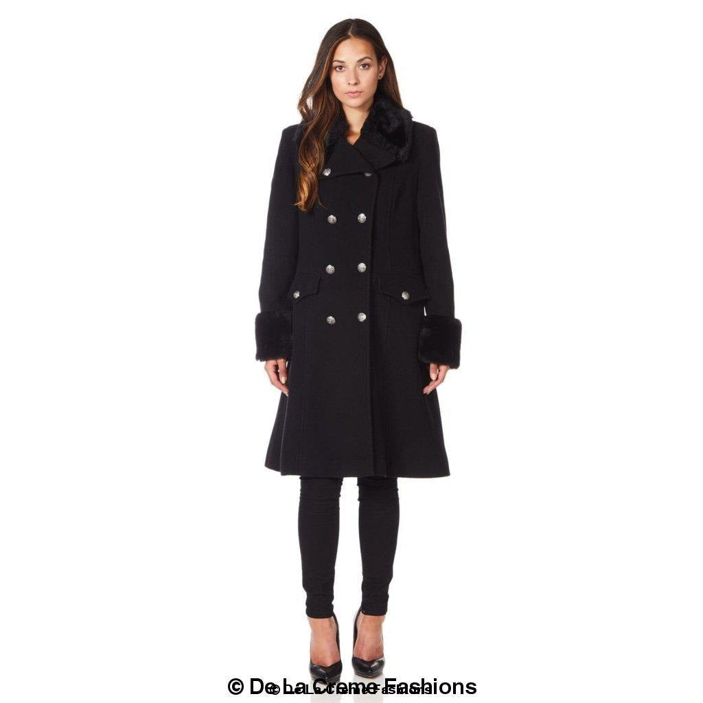 Womens Wool Blend Faux Fur Trim Midi Coat