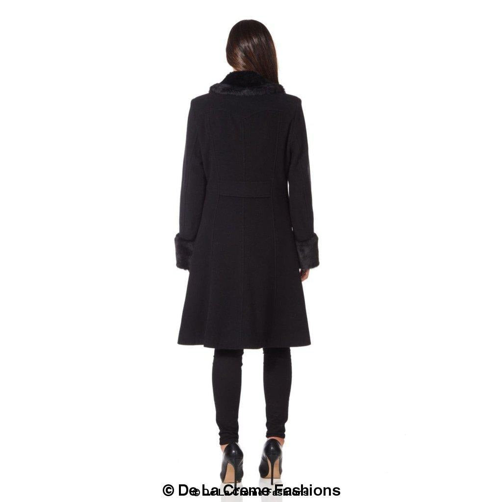 Womens Wool Blend Faux Fur Trim Midi Coat