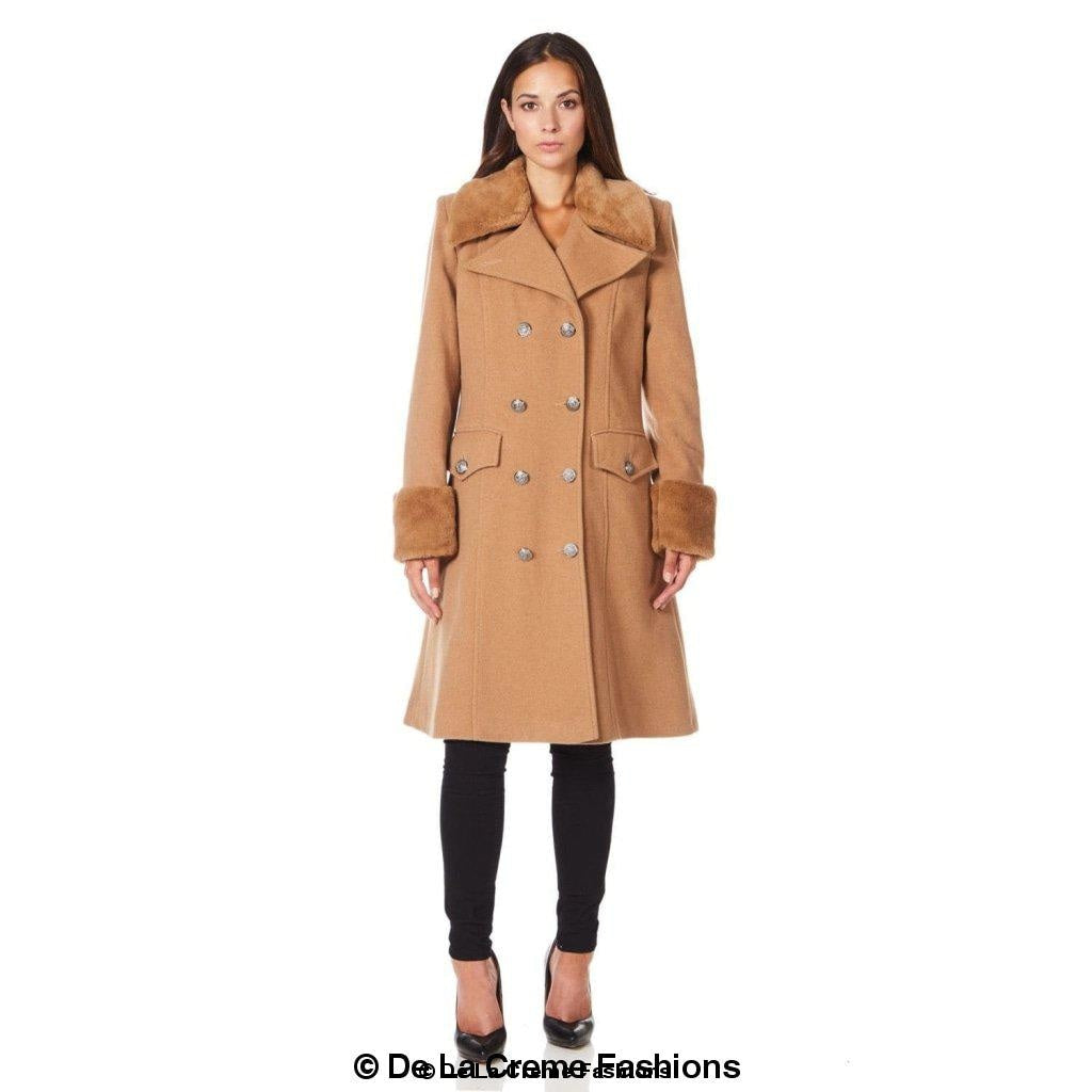 Womens Wool Blend Faux Fur Trim Midi Coat