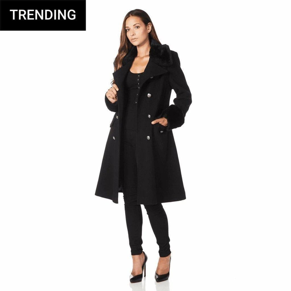 Womens Wool Blend Faux Fur Trim Midi Coat