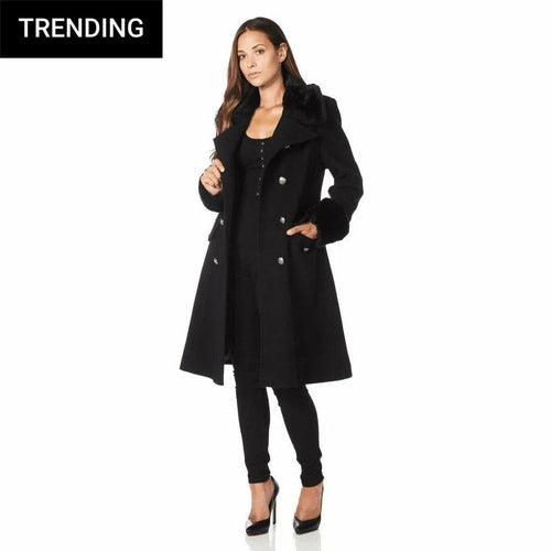 Womens Wool Blend Faux Fur Trim Midi Coat