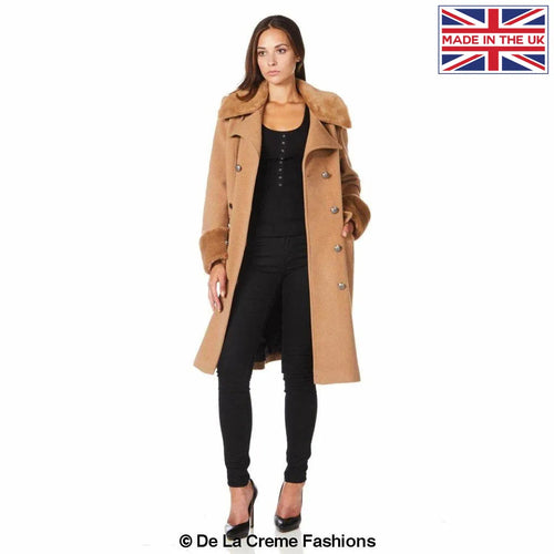 Womens Wool Blend Faux Fur Trim Midi Coat
