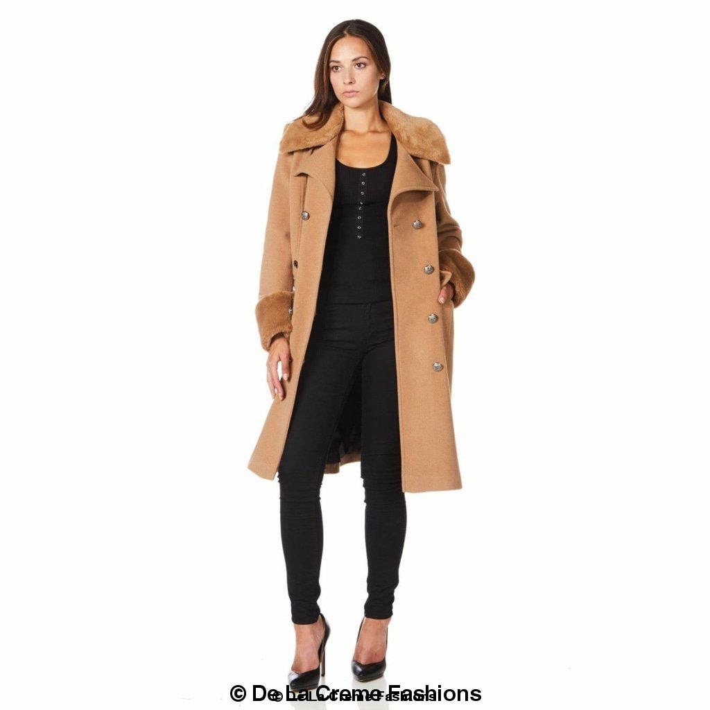 Womens Wool Blend Faux Fur Trim Midi Coat