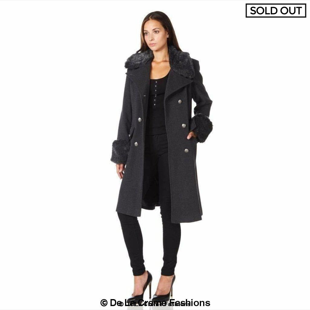Womens Wool Blend Faux Fur Trim Midi Coat