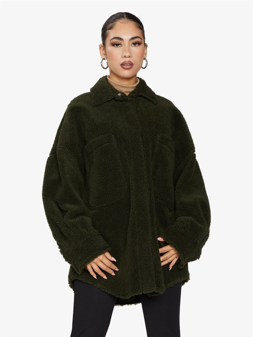 Oversized Borg Teddy Shacket with Patch Pockets