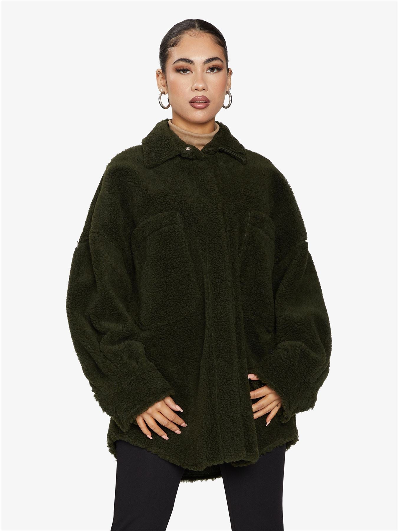 Oversized Borg Teddy Shacket with Patch Pockets
