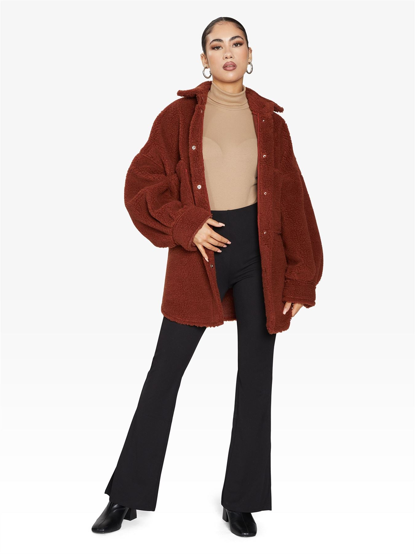 Oversized Borg Teddy Shacket with Patch Pockets