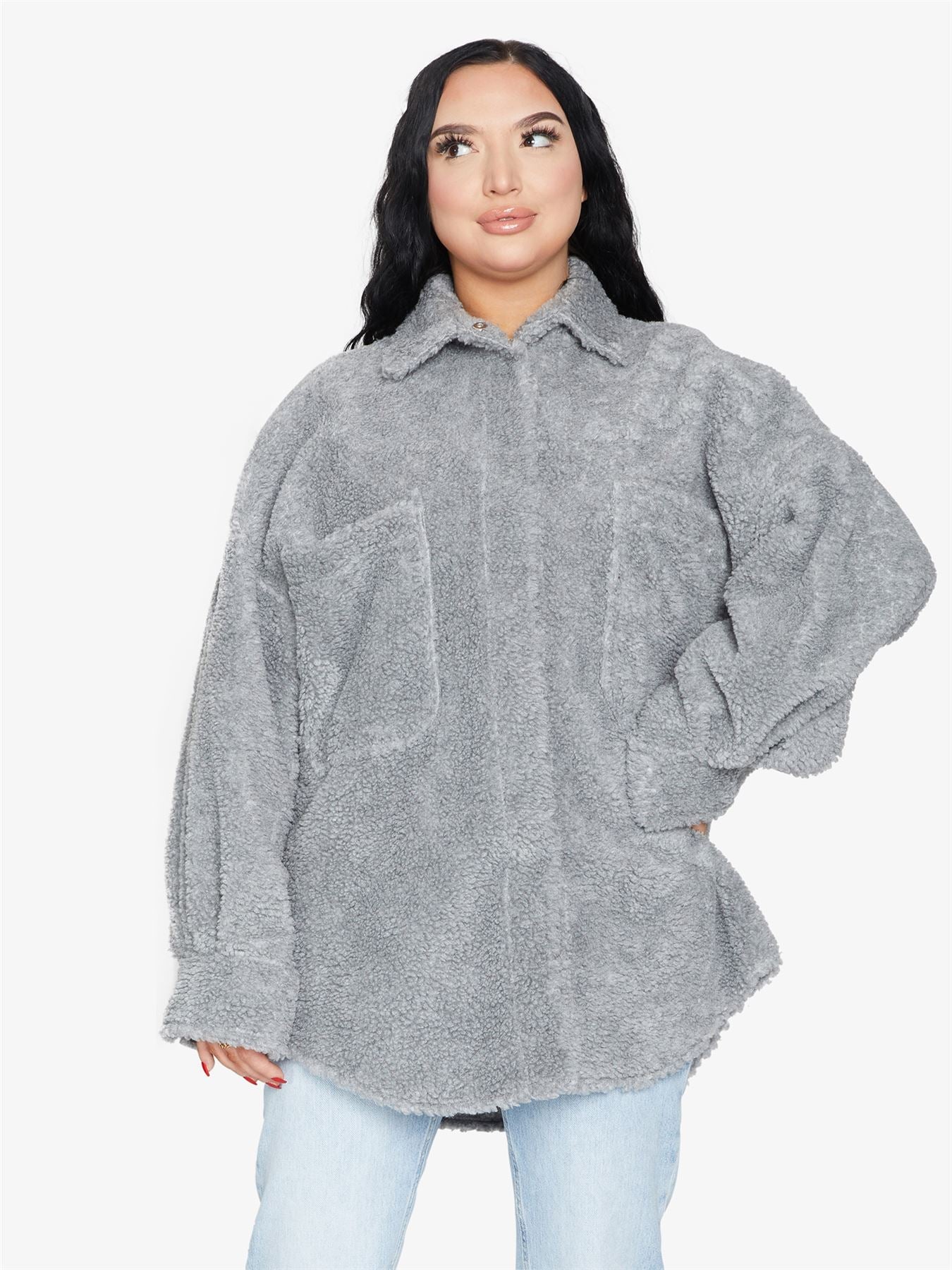 Oversized Borg Teddy Shacket with Patch Pockets